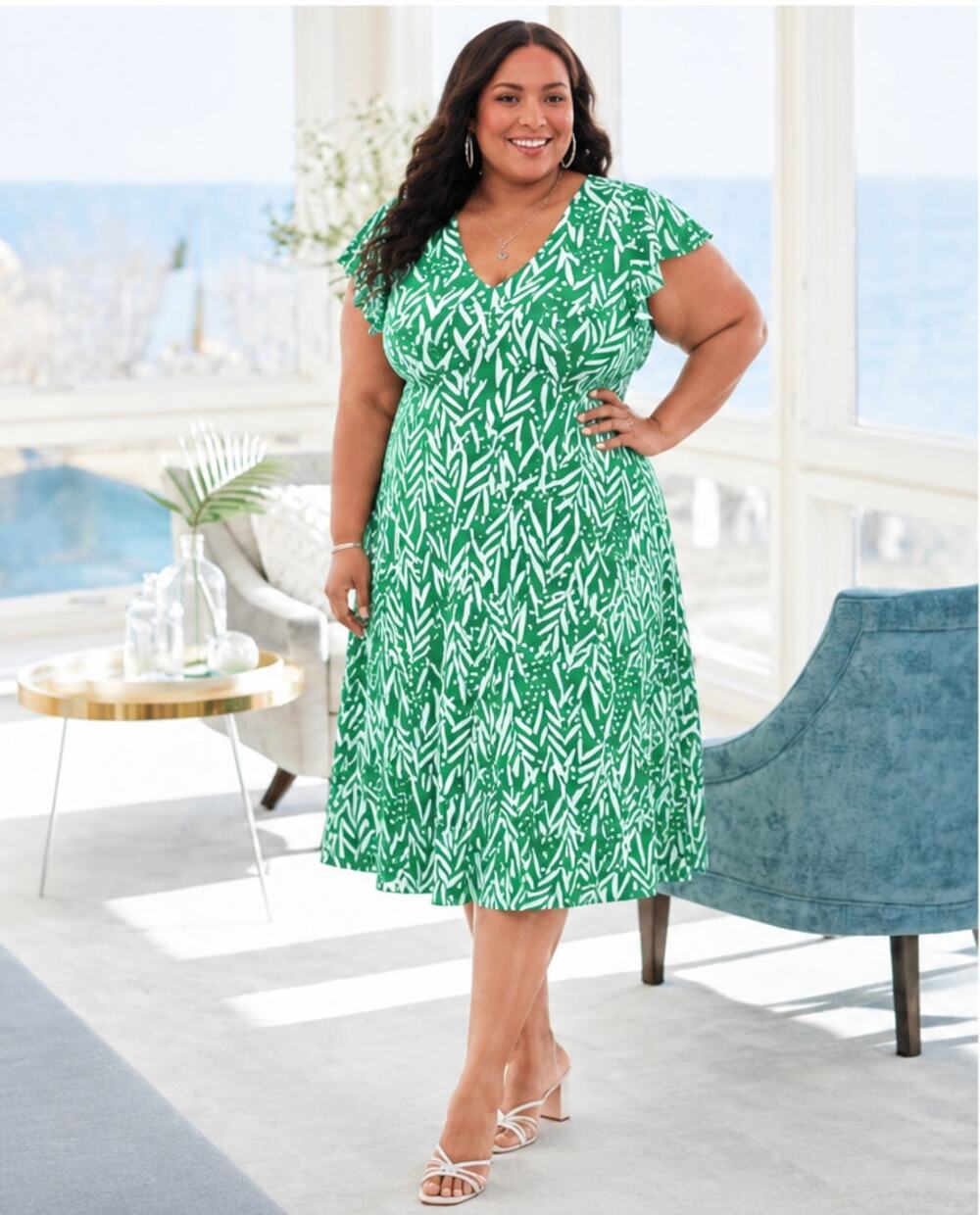NorthStyle Leafy Silhouette Knit Dress 24W Green White Flutter Sleeve Midi